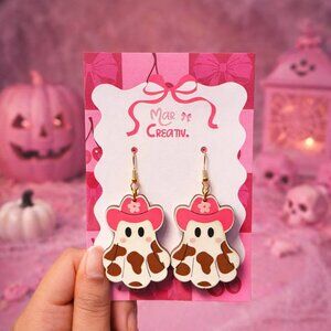 Spooky Cowgirl Ghost Dangle Earrings Wooden Cute Western Halloween Jewelry